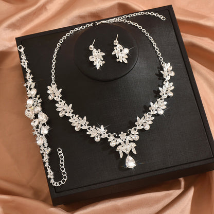 Leaf Design Rhinestone Necklace Earrings Bracelet Set