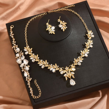Leaf Design Rhinestone Necklace Earrings Bracelet Set