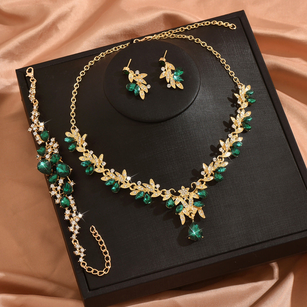 Leaf Design Rhinestone Necklace Earrings Bracelet Set