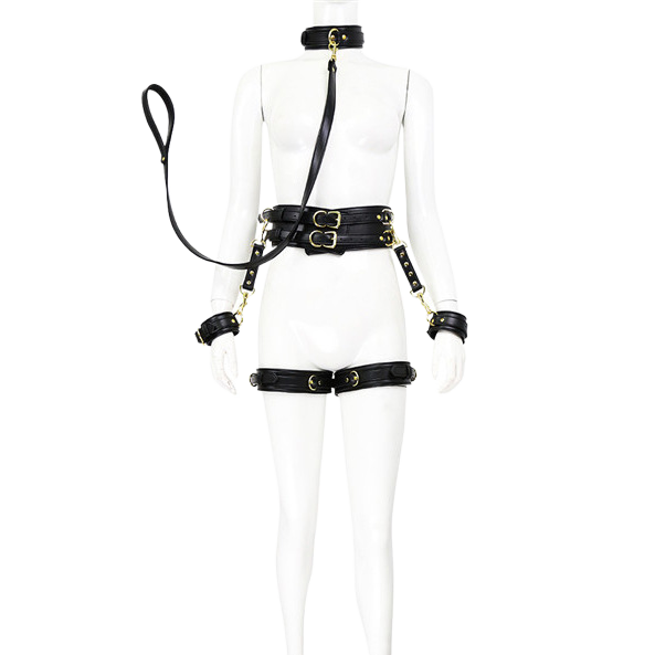 Leather handcuffs with leg straps and waist restraint