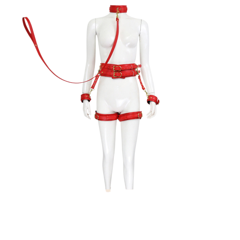 Leather handcuffs with leg straps and waist restraint