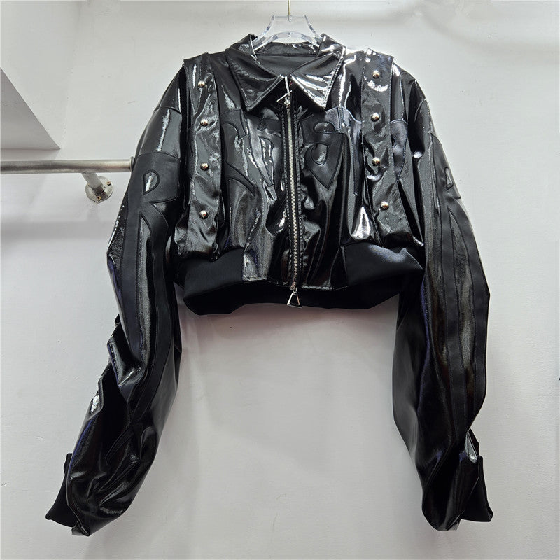 Leather letter-stitched leather coat