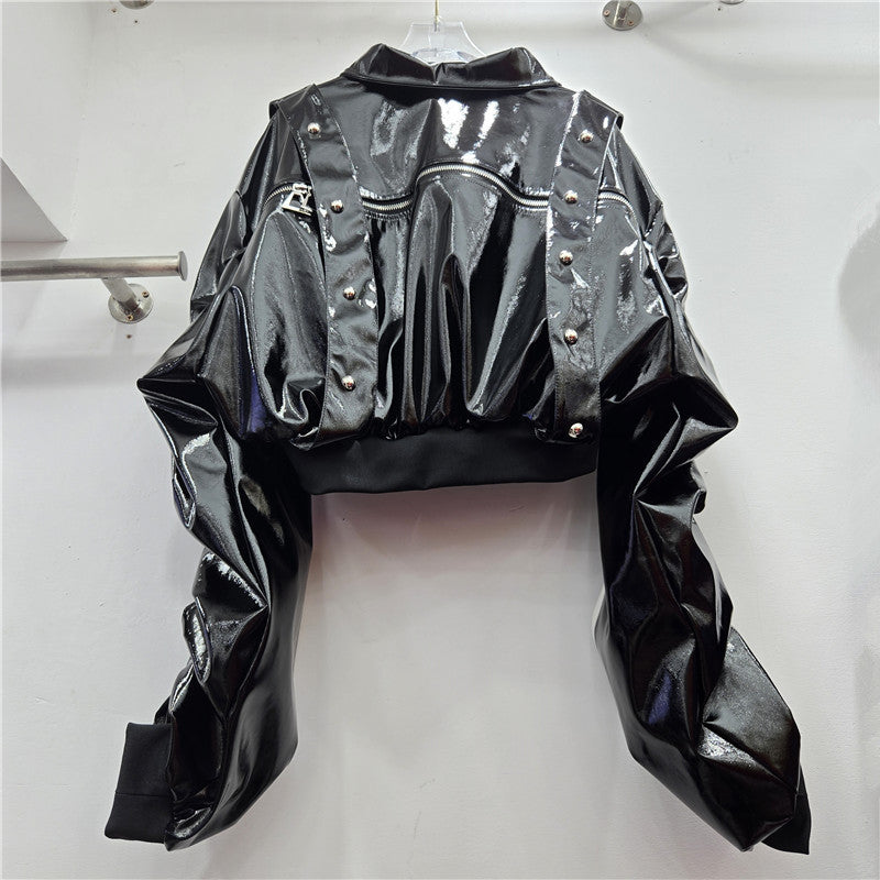 Leather letter-stitched leather coat