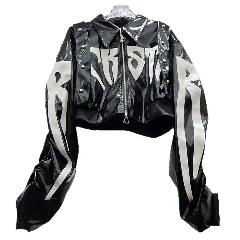 Leather letter-stitched leather coat
