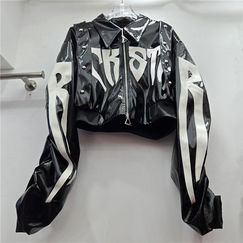 Leather letter-stitched leather coat