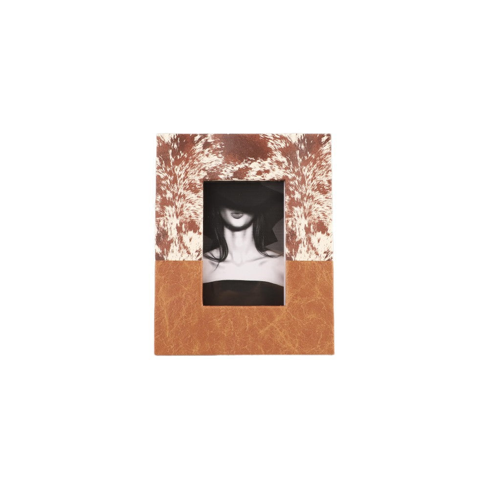 Leather photo frame with faux horsehair patchwork