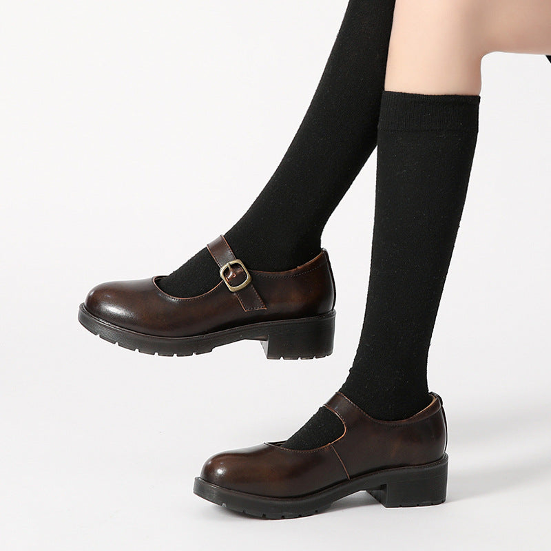 Leather Shoes Round Toe Chunky Heel
