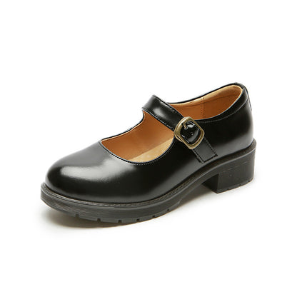 Leather Shoes Round Toe Chunky Heel