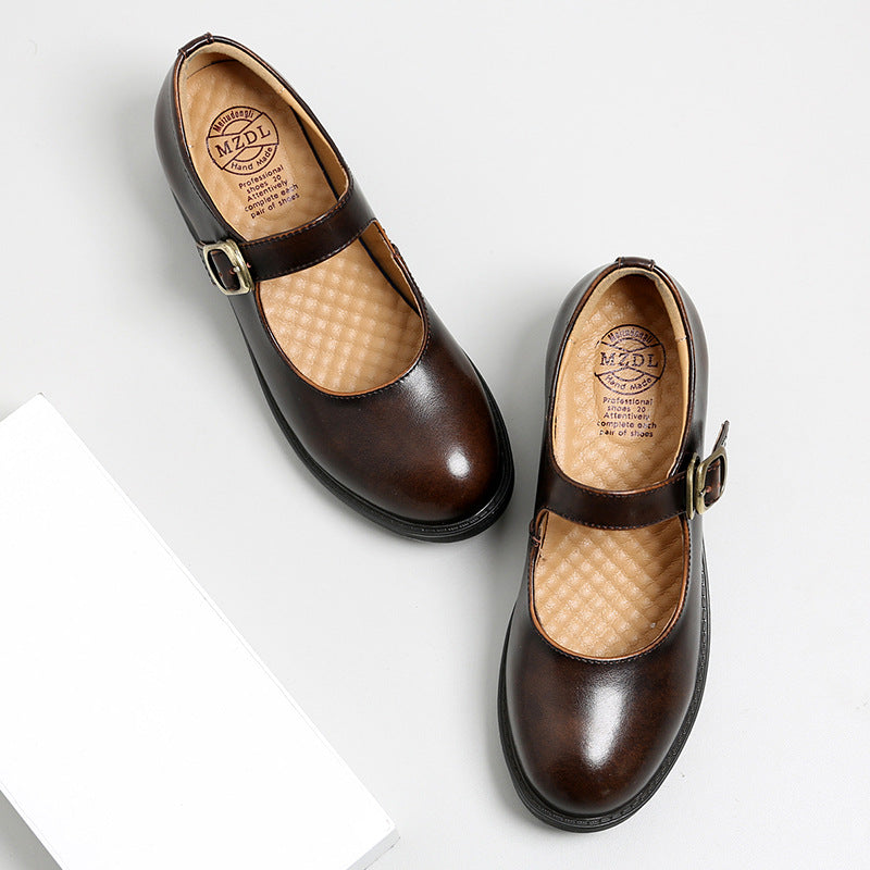 Leather Shoes Round Toe Chunky Heel