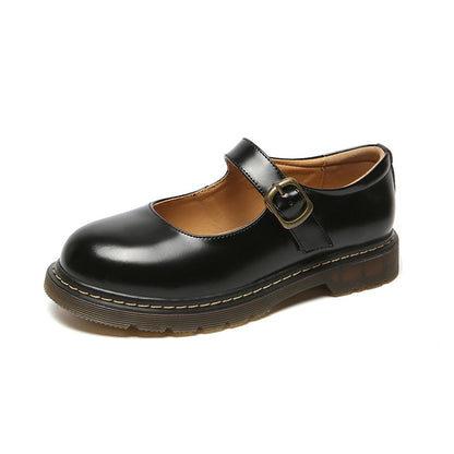 Leather Shoes Round Toe Chunky Heel
