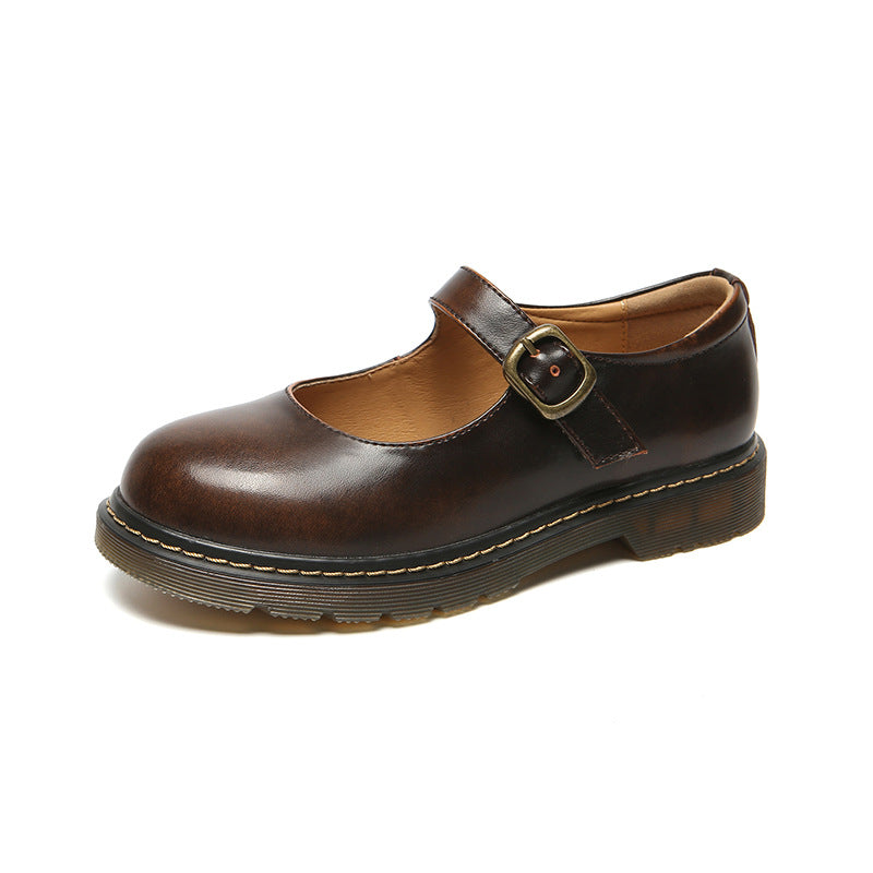 Leather Shoes Round Toe Chunky Heel