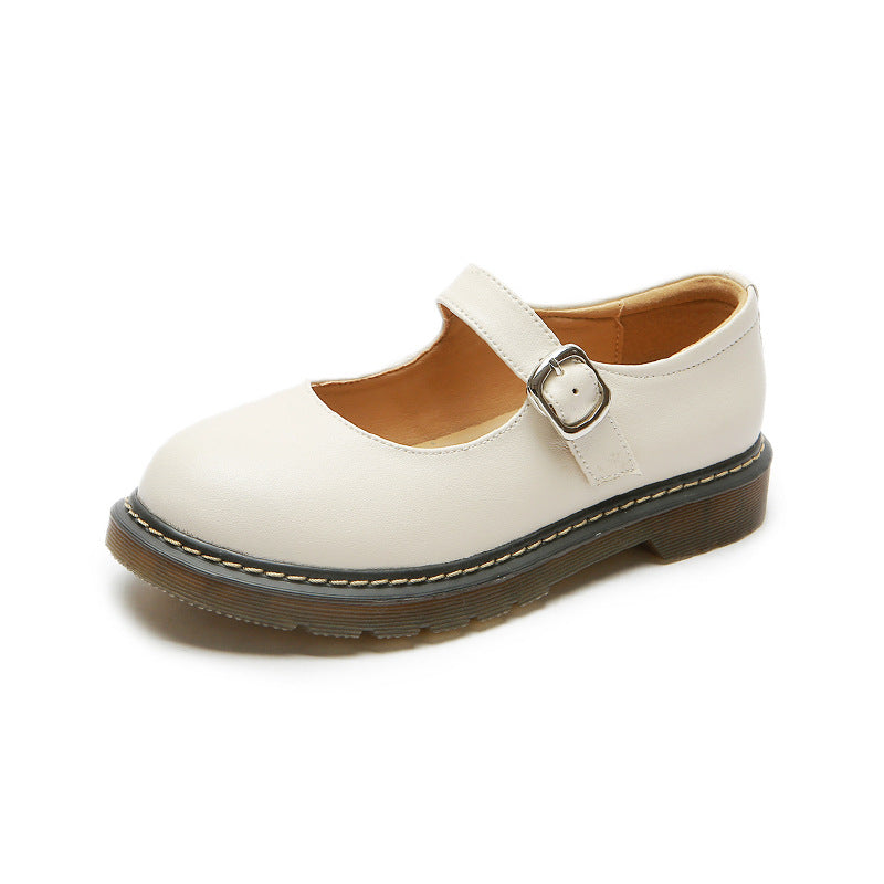 Leather Shoes Round Toe Chunky Heel