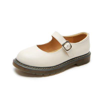 Leather Shoes Round Toe Chunky Heel