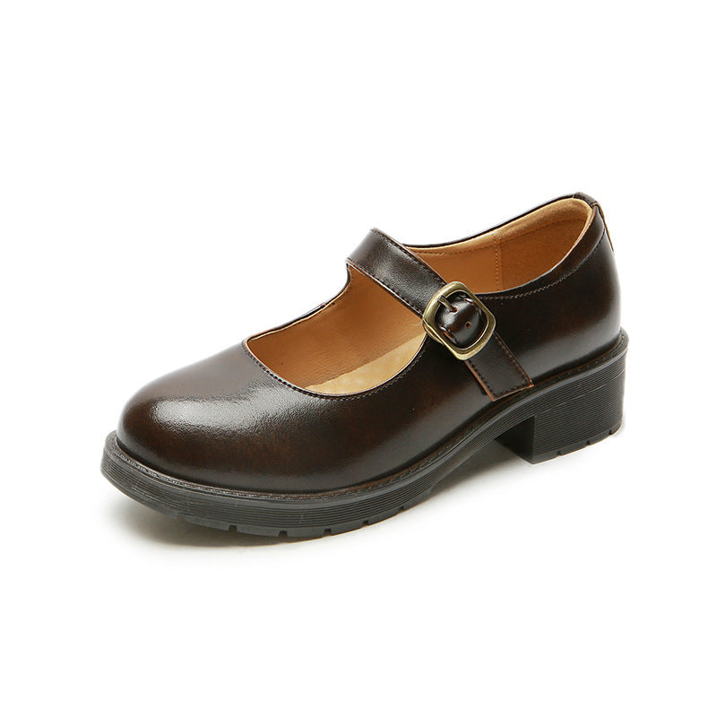 Leather Shoes Round Toe Chunky Heel