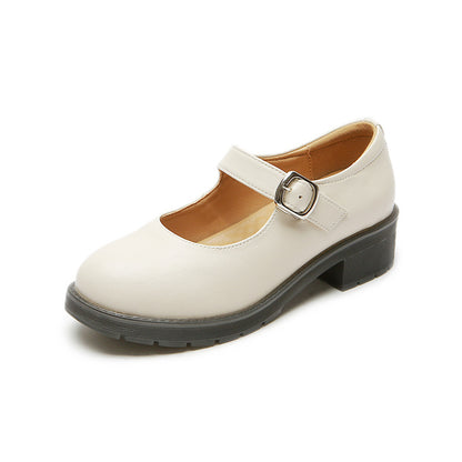 Leather Shoes Round Toe Chunky Heel
