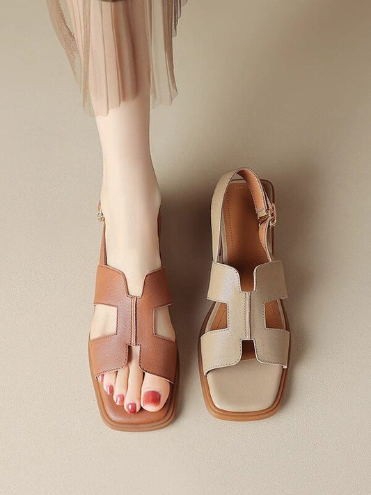 Leather Square Toe Peep-Toe Sandals