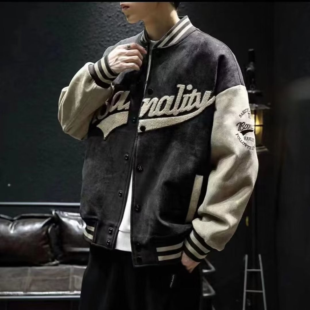 Leather suede baseball jersey