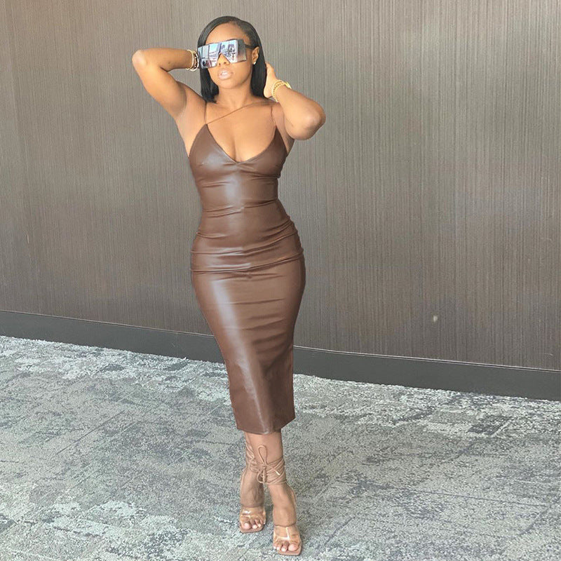 Leather Trim Sleeveless Midi Dress