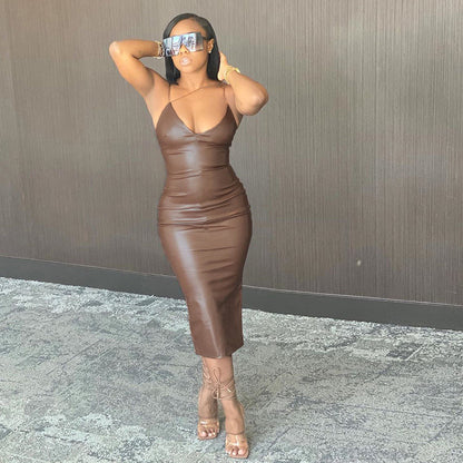 Leather Trim Sleeveless Midi Dress
