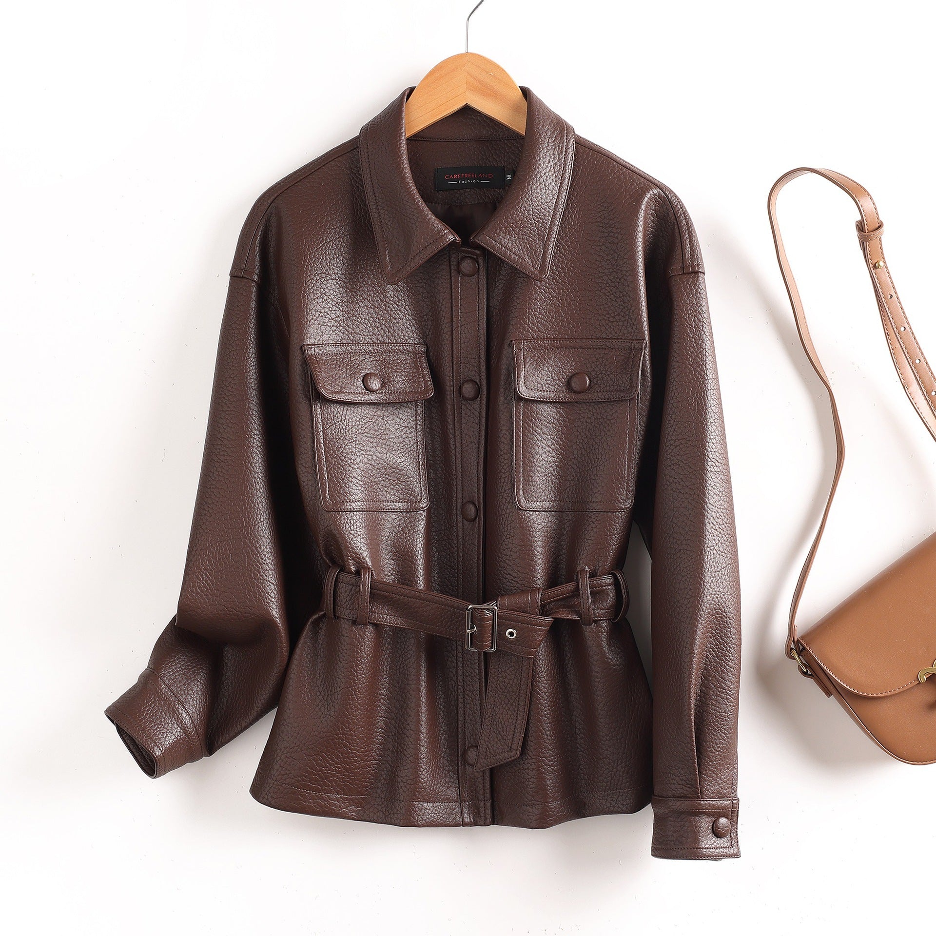 Leather women's short coat for outerwear