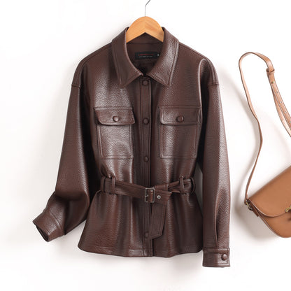 Leather women's short coat for outerwear