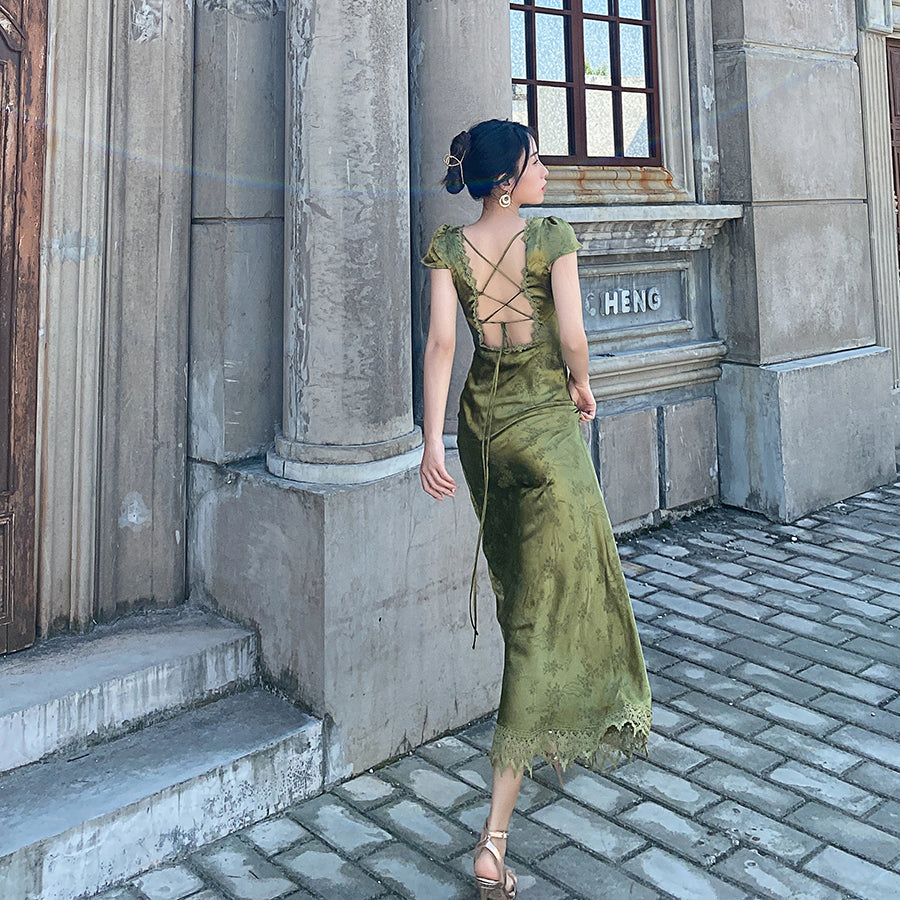 Lemon Green V-neck Backless Satin Jacquard Dress