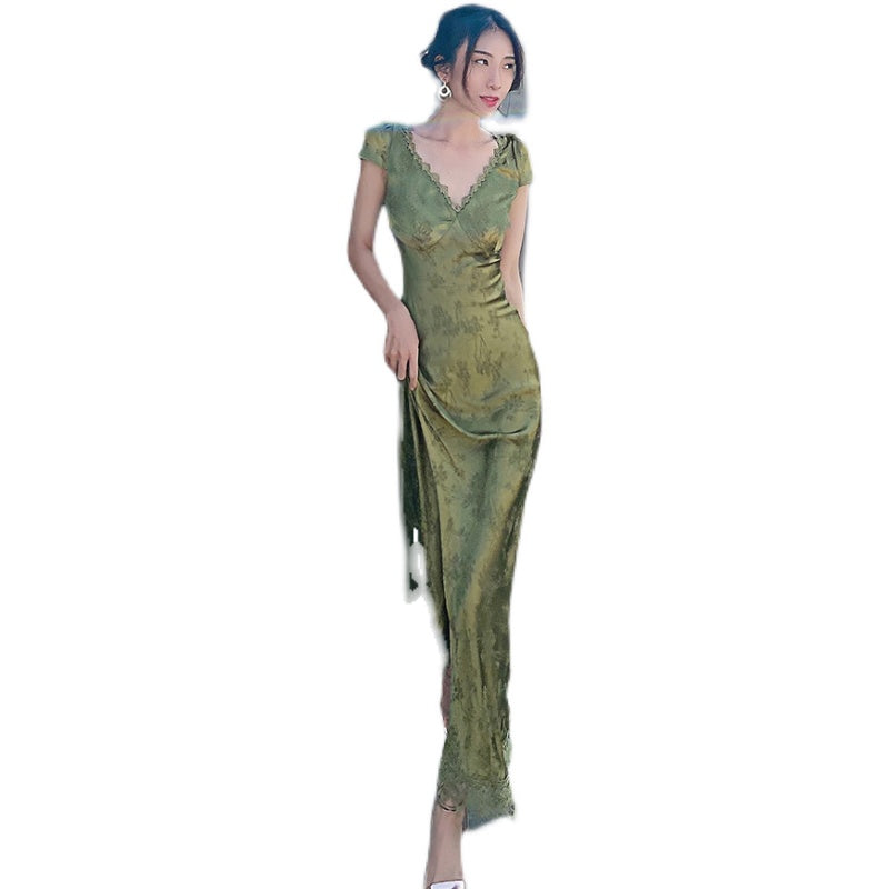 Lemon Green V-neck Backless Satin Jacquard Dress