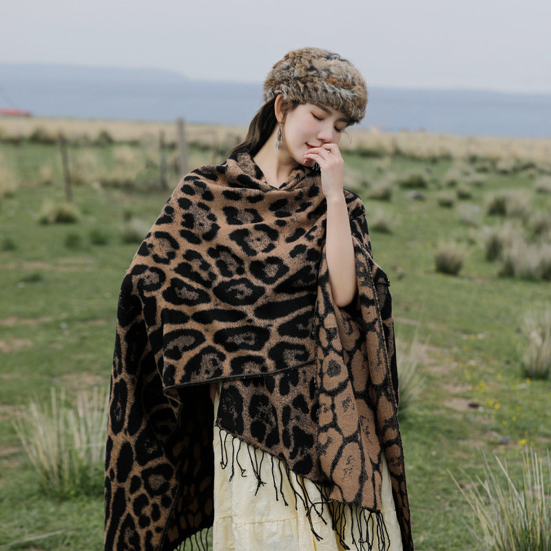 Leopard Fringe Knitted Shawl