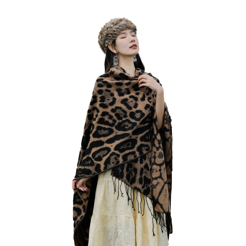 Leopard Fringe Knitted Shawl