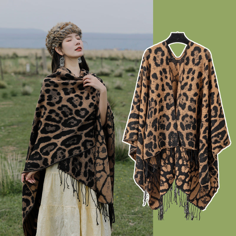 Leopard Fringe Knitted Shawl