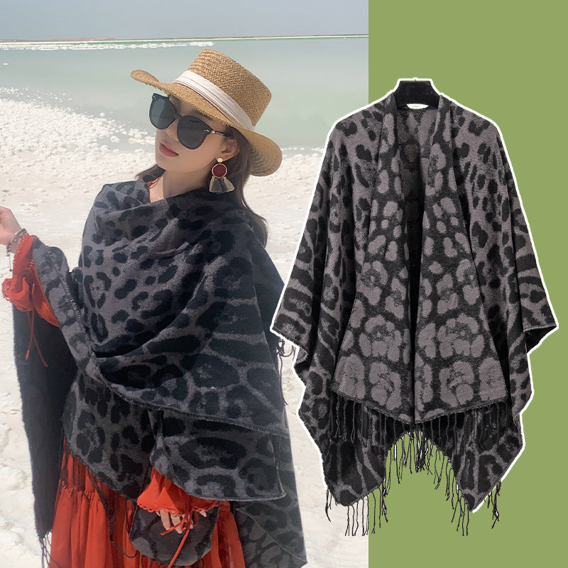 Leopard Fringe Knitted Shawl