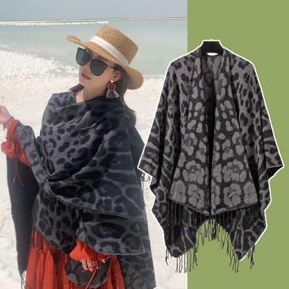 Leopard Fringe Knitted Shawl