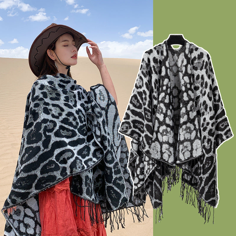 Leopard Fringe Knitted Shawl