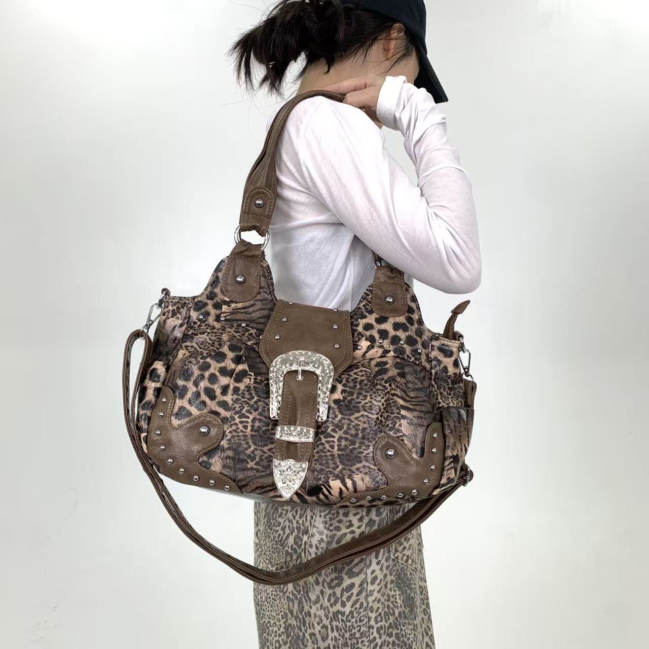 Leopard Print Patchwork Tote Bag with Multiple Pockets