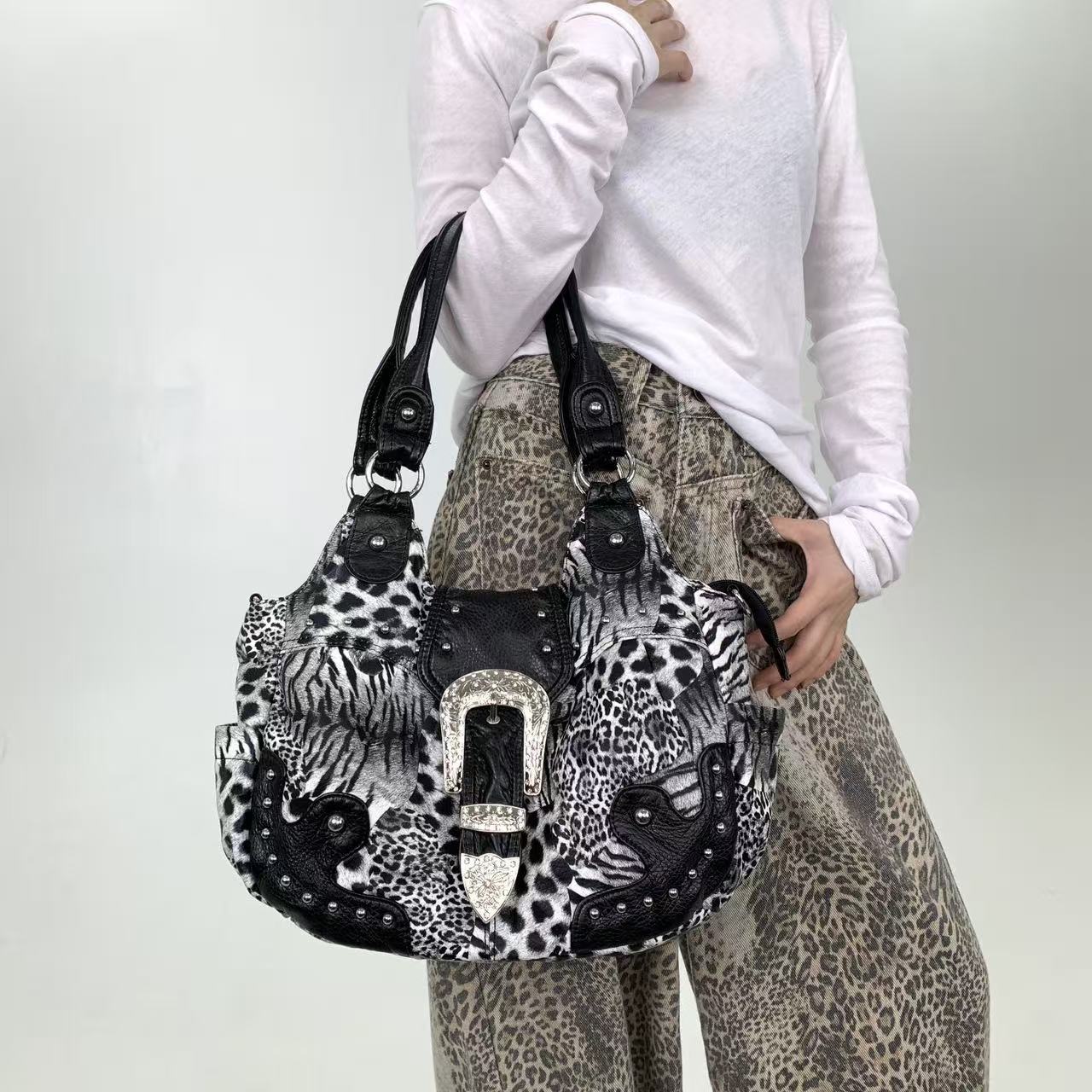 Leopard Print Patchwork Tote Bag with Multiple Pockets