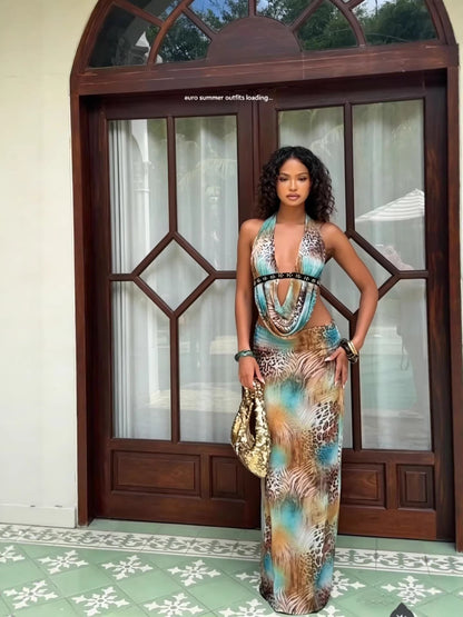 Leopard Print Rhinestone Halter Two-Piece Dress