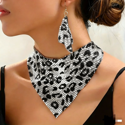 Leopard Print Sequined Women’s Triangle Necklace and Earrings