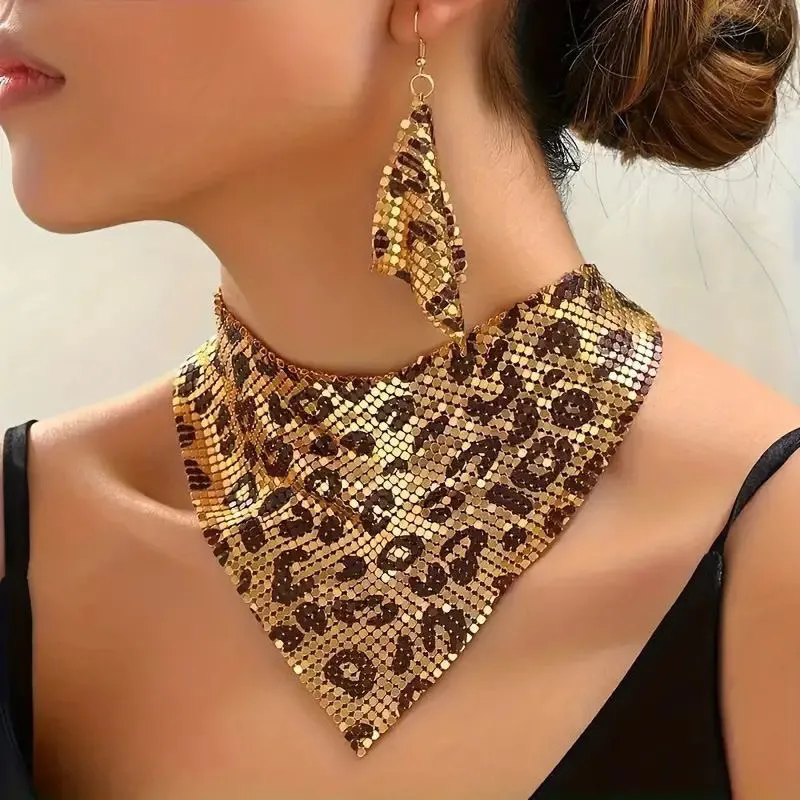 Leopard Print Sequined Women’s Triangle Necklace and Earrings