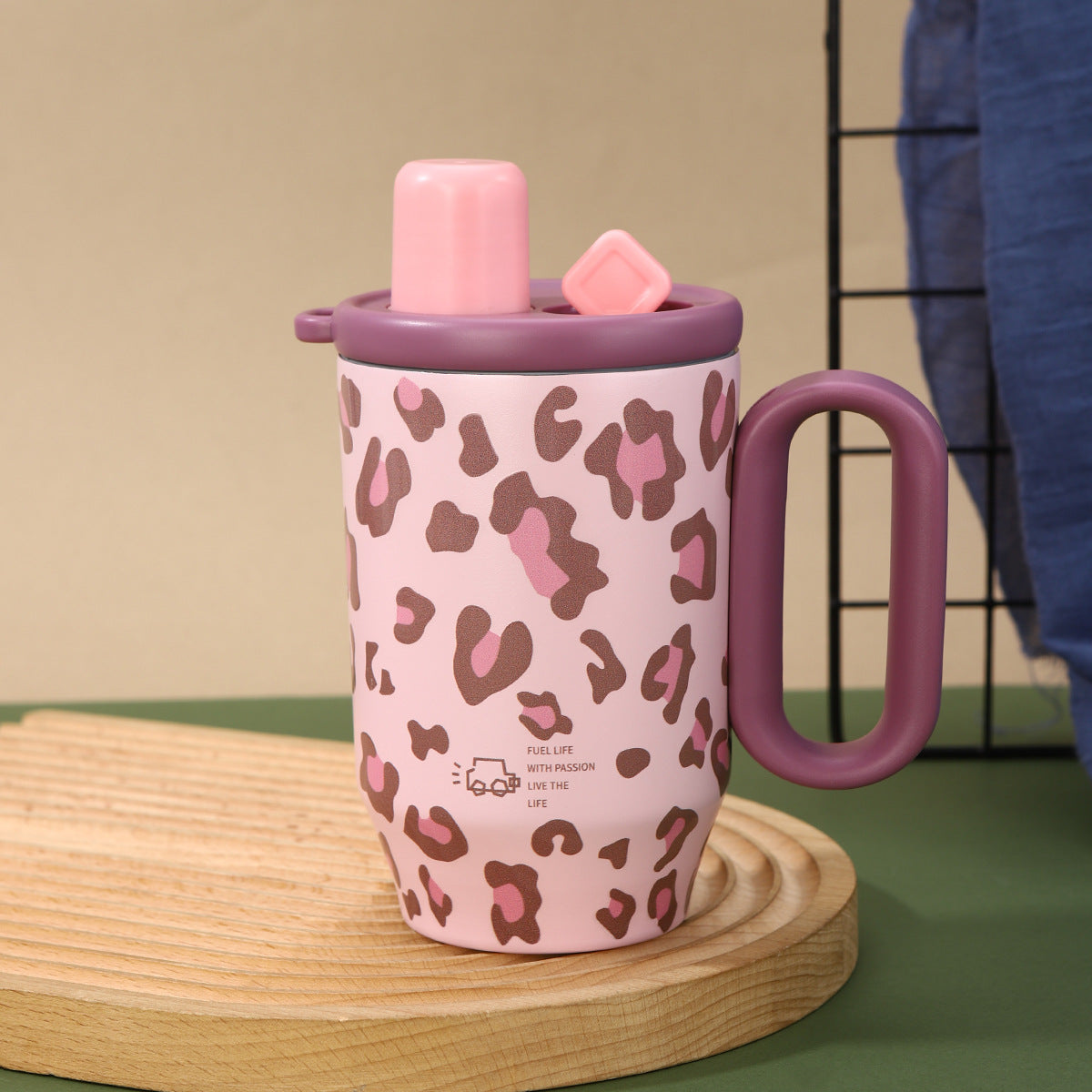 Leopard Print Stainless Steel Thermos Cup with Straw Lid