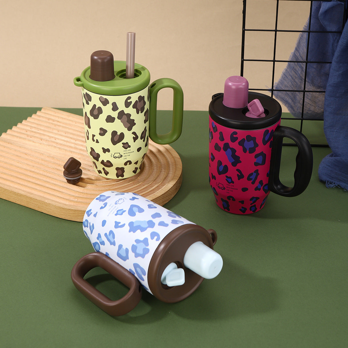 Leopard Print Stainless Steel Thermos Cup with Straw Lid