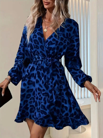 Leopard Print V-Neck High-Waisted Women's Dress