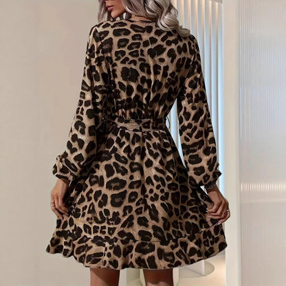 Leopard Print V-Neck High-Waisted Women's Dress