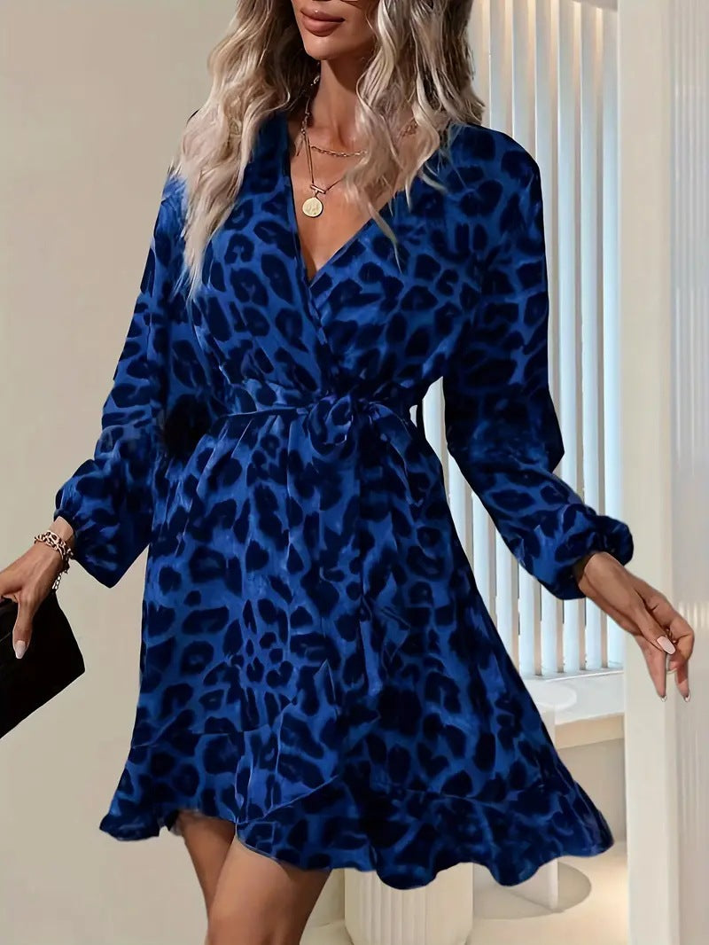 Leopard Print V-Neck High-Waisted Women's Dress