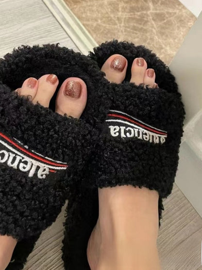 Letter embroidery platform woolen sheepskin fall-winter flat shoes
