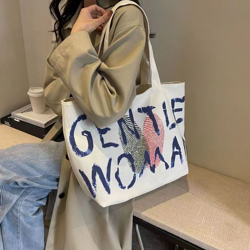 Letter Print Canvas Shoulder Tote Bag