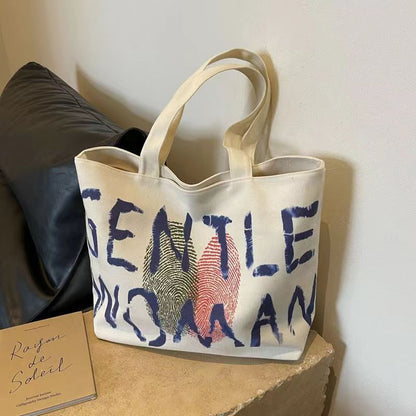 Letter Print Canvas Shoulder Tote Bag