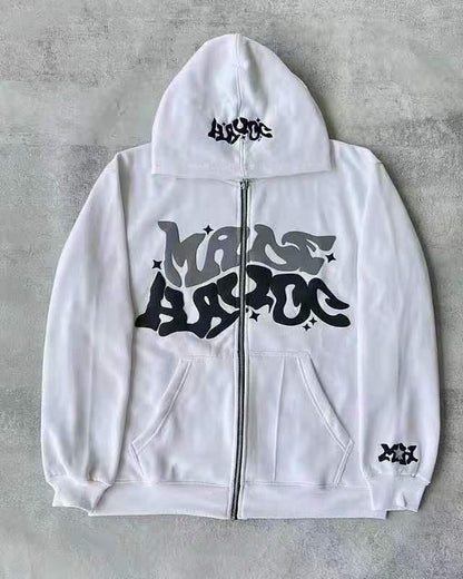 Letter print cardigan zip-up hoodie