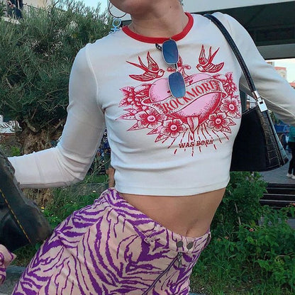 Letter Print Slim-fit Crop Top Long Sleeve T-shirt