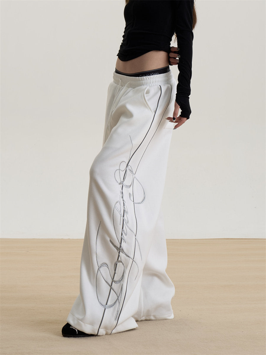 Letter Print Wide-Leg Sweatpants for Women, New Spring and Summer Loose Long Pants, Sports Casual Pants