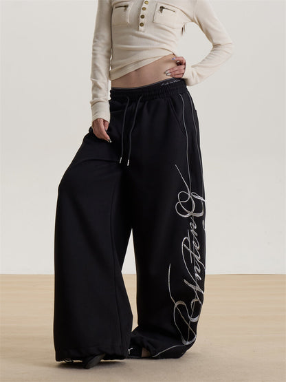 Letter Print Wide-Leg Sweatpants for Women, New Spring and Summer Loose Long Pants, Sports Casual Pants